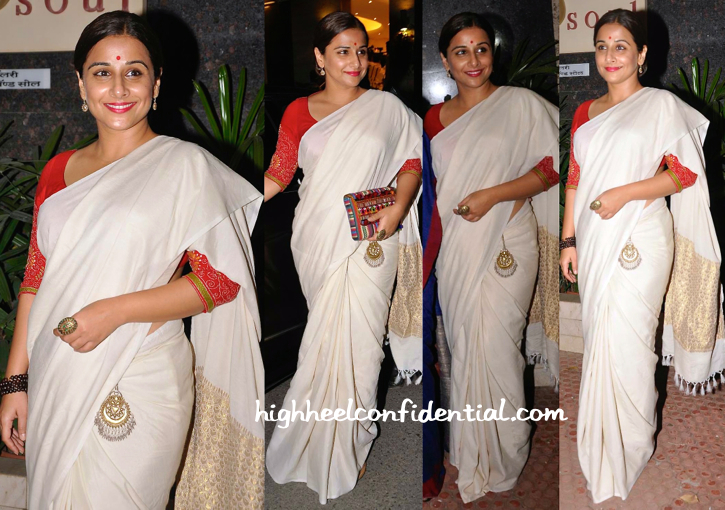 Vidya Balan paired her red and white polka dot sari with an interesting  sleeveless striped blouse